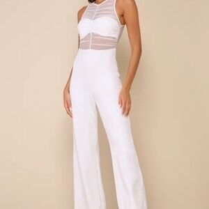 Lulus Sultry Charisma White Mesh Ruched Sleeveless Wide-Leg Jumpsuit, Size Med